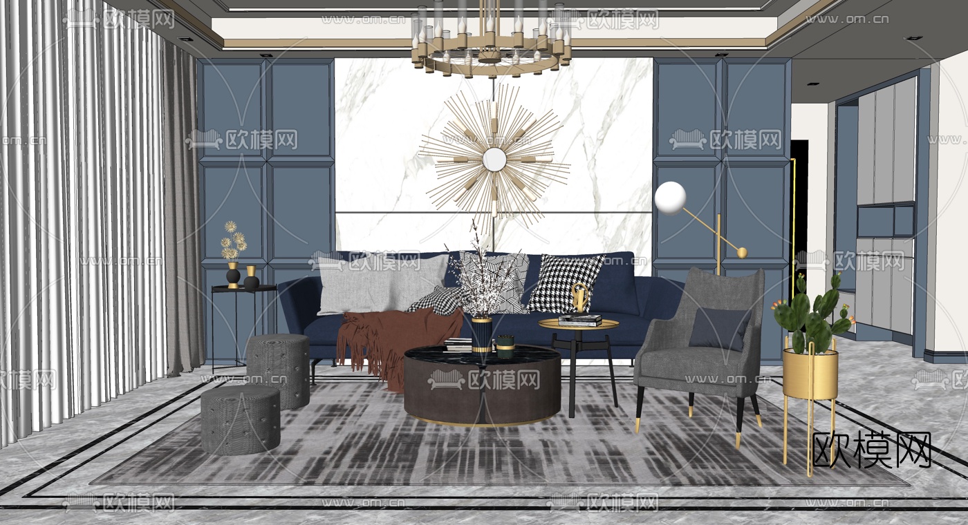 现代轻奢布艺沙发组合su模型下载（渲染图2）