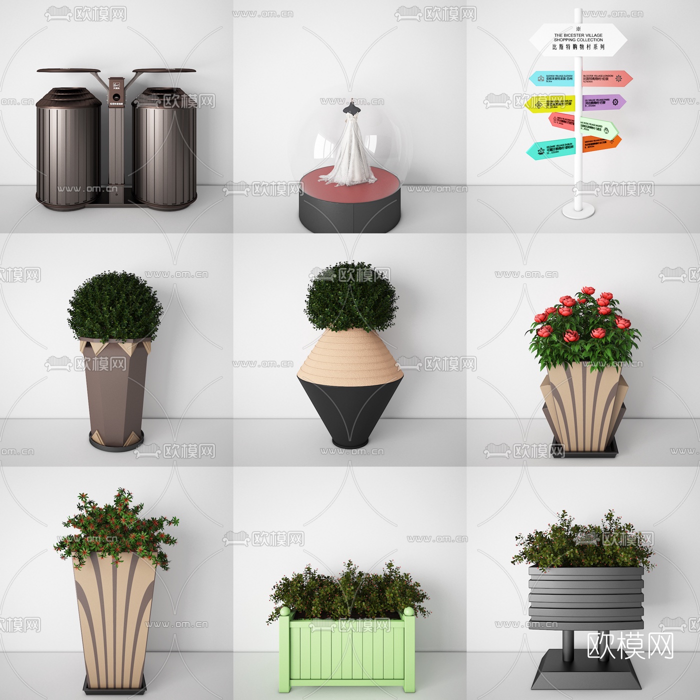 现代商场花箱垃圾桶指示牌3d模型下载