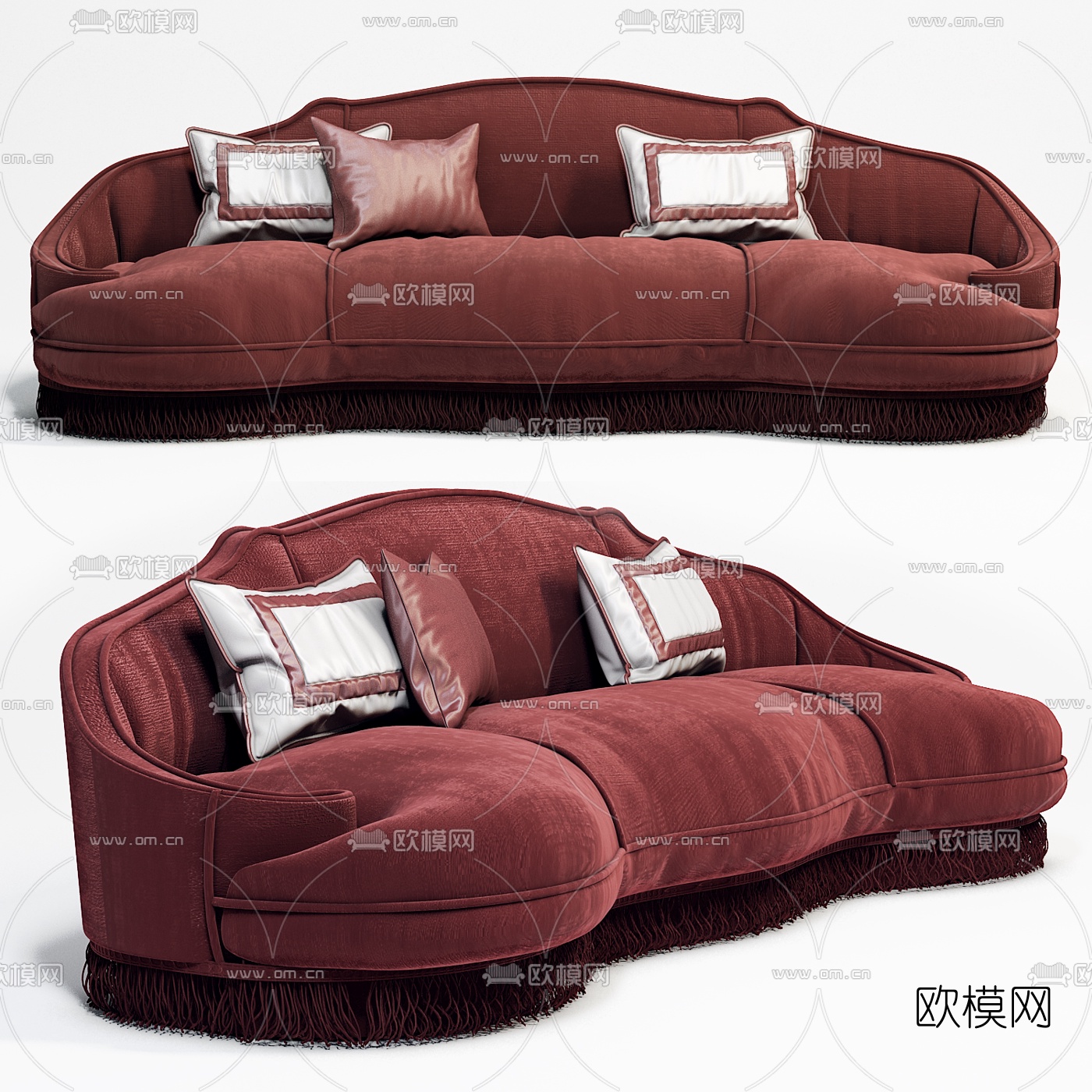 美式红色绒布多人沙发3d模型-免费3dmax模型库-欧模网