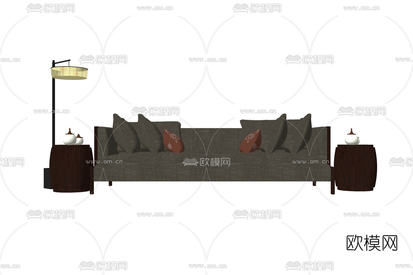 新中式布艺多人沙发免费su模型下载