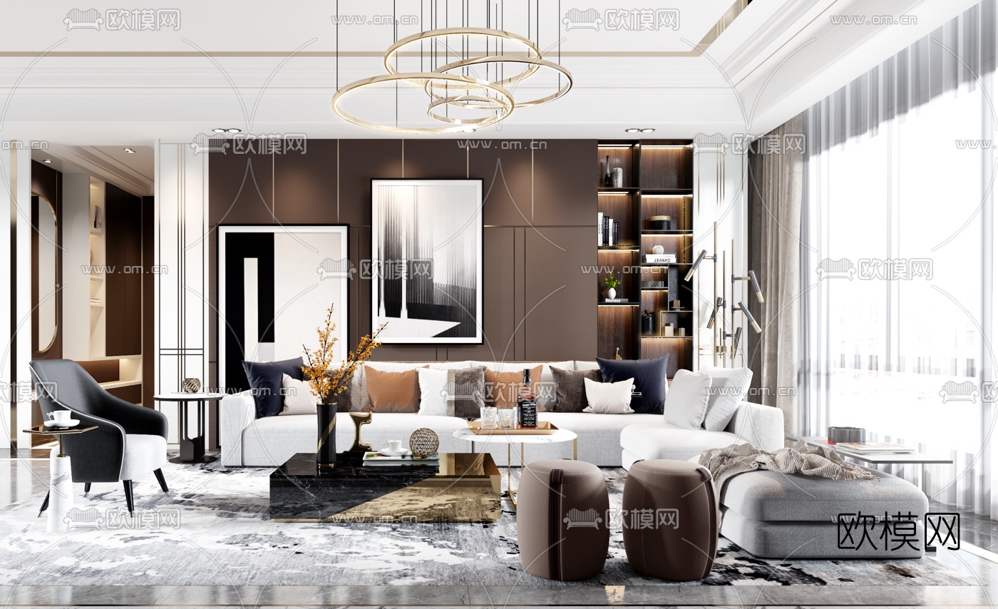 现代轻奢客厅3d模型下载（渲染图1）