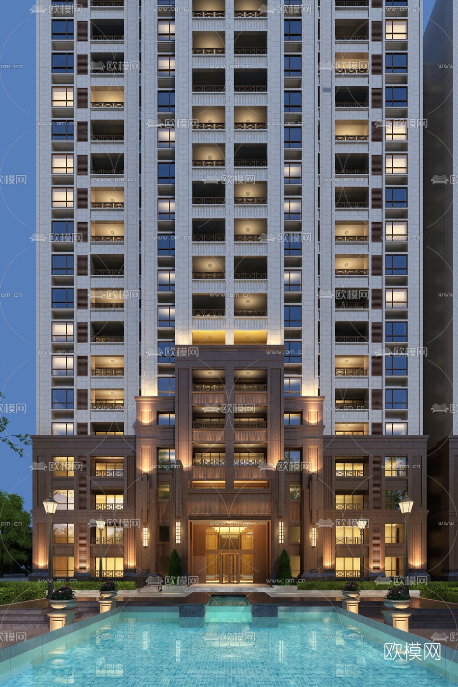 简欧高层住宅楼外观3d模型