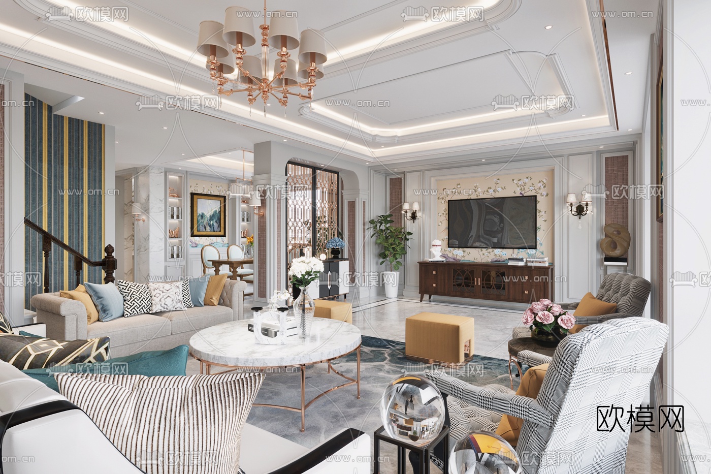 欧式别墅客厅餐厅3d模型下载（渲染图8）