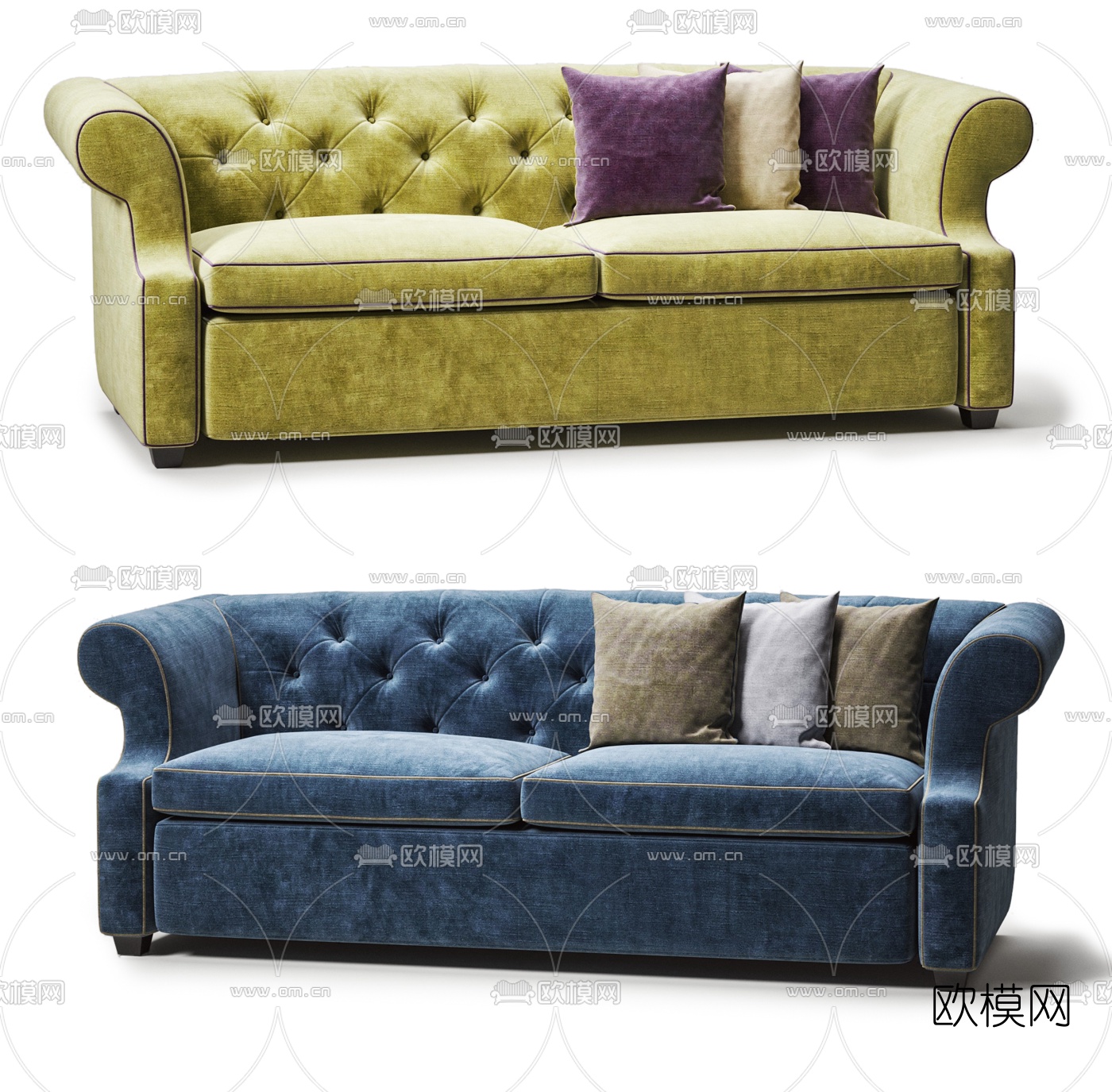 简欧布艺双人沙发3d模型下载（渲染图1）