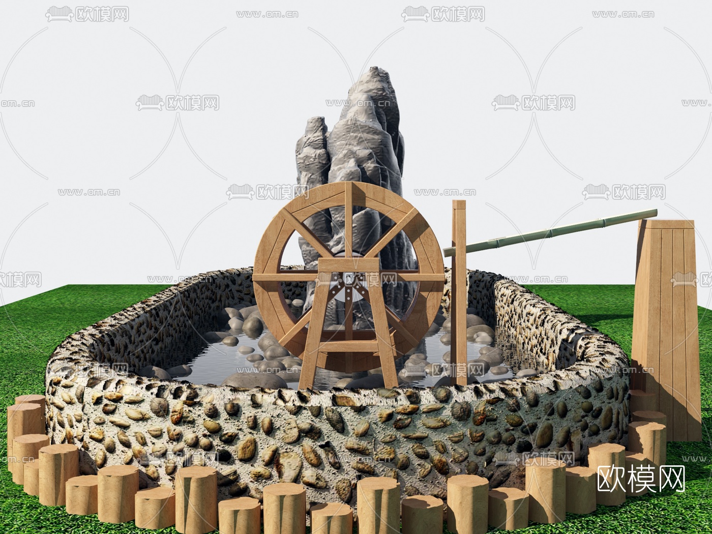 现代假山水车园艺小品3d模型下载（渲染图3）