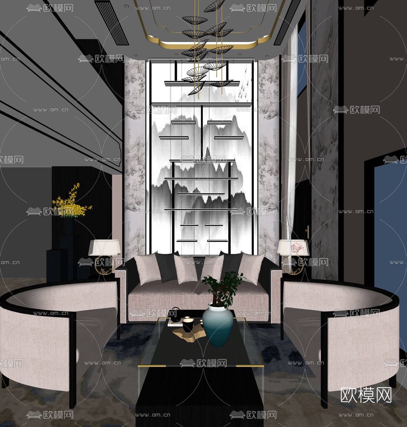 伊派设计 新中式别墅客厅su模型下载