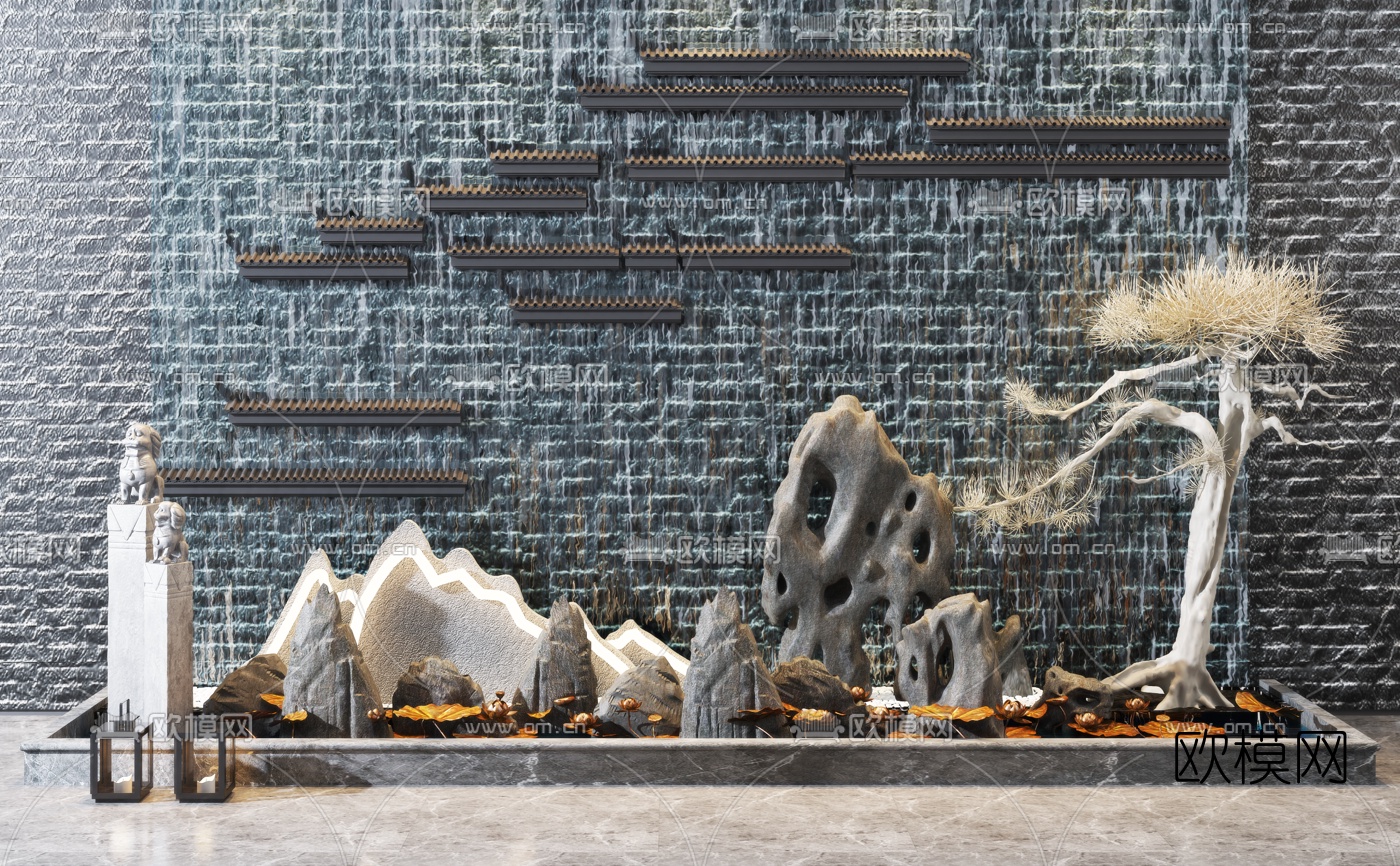 新中式流水水景园艺小品3d模型下载