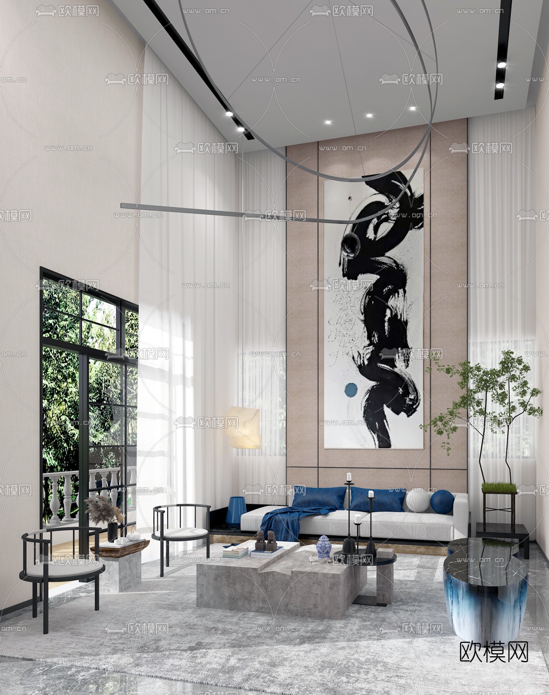 璞辉设计 新中式别墅客厅3d模型下载