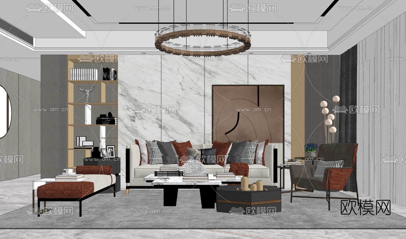 现代轻奢客厅su模型下载（渲染图3）