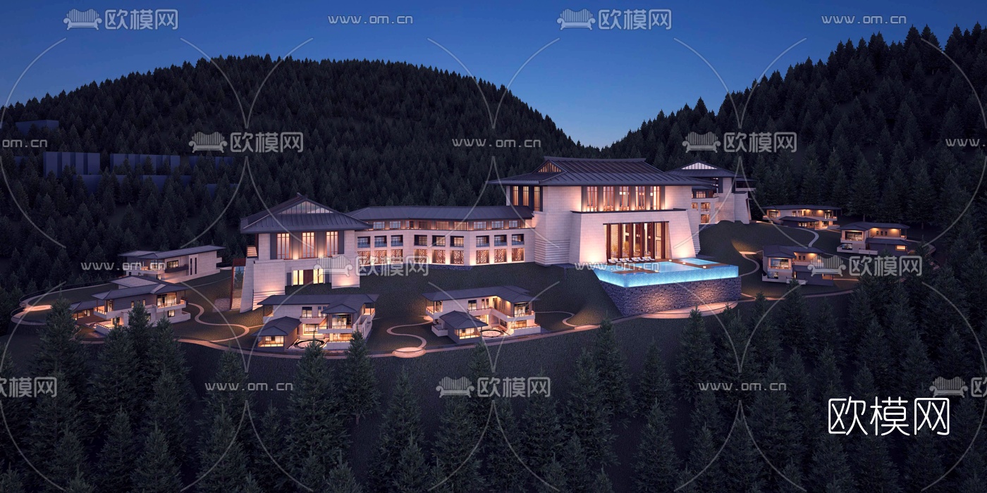 新中式度假酒店外观夜景3d模型