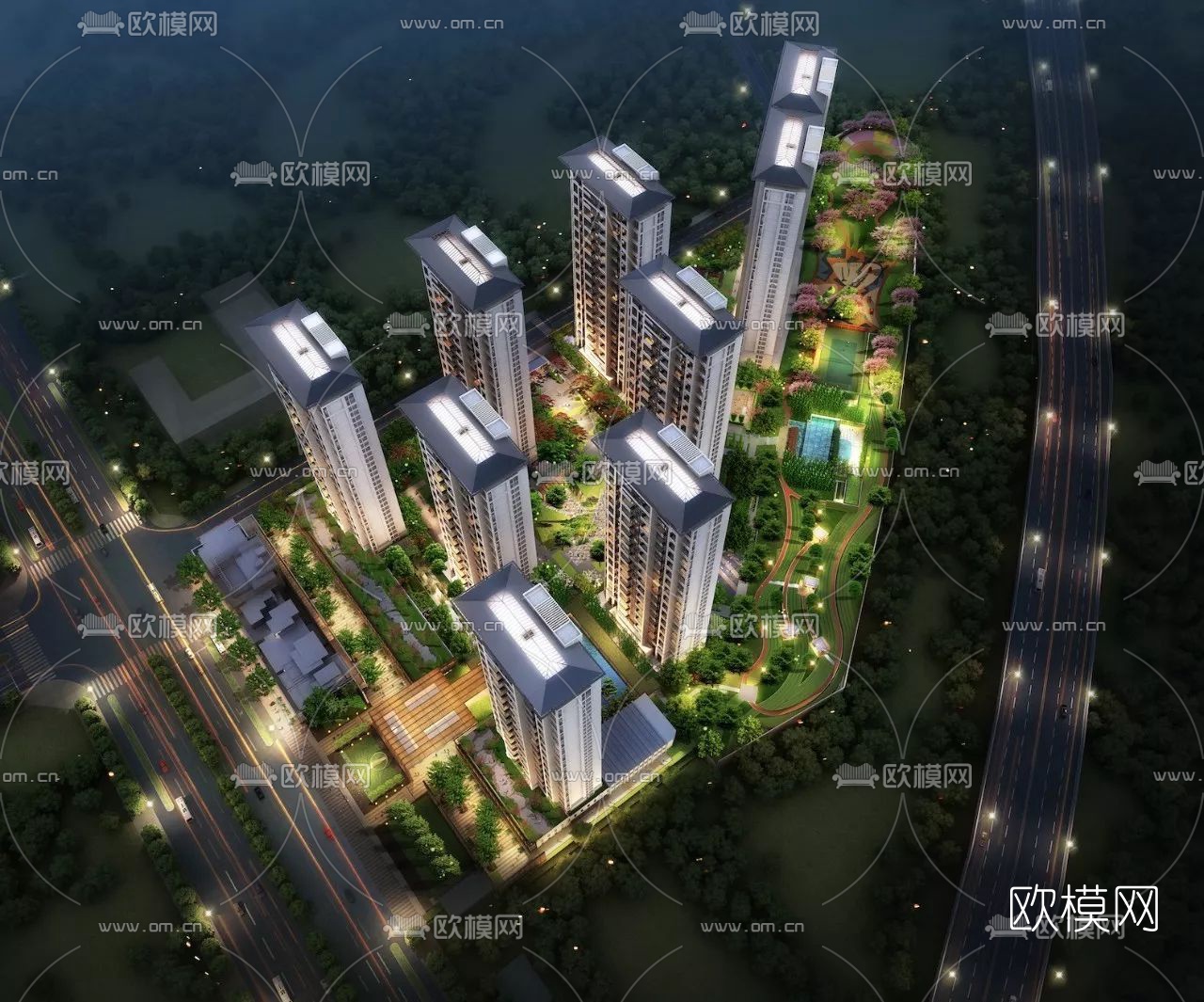 现代商业街su模型下载（渲染图2）