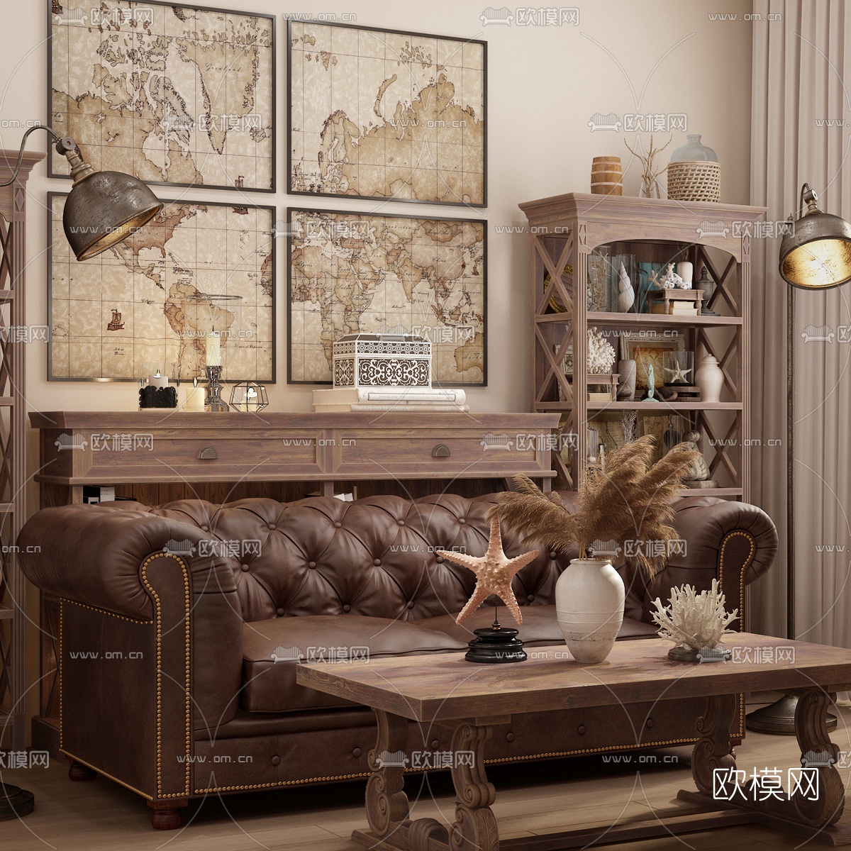 欧式古典复古客厅家具组合3d模型下载（渲染图2）