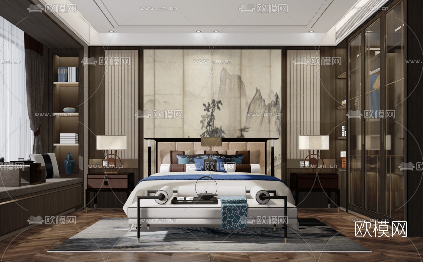 新中式卧室su模型下载（渲染图2）
