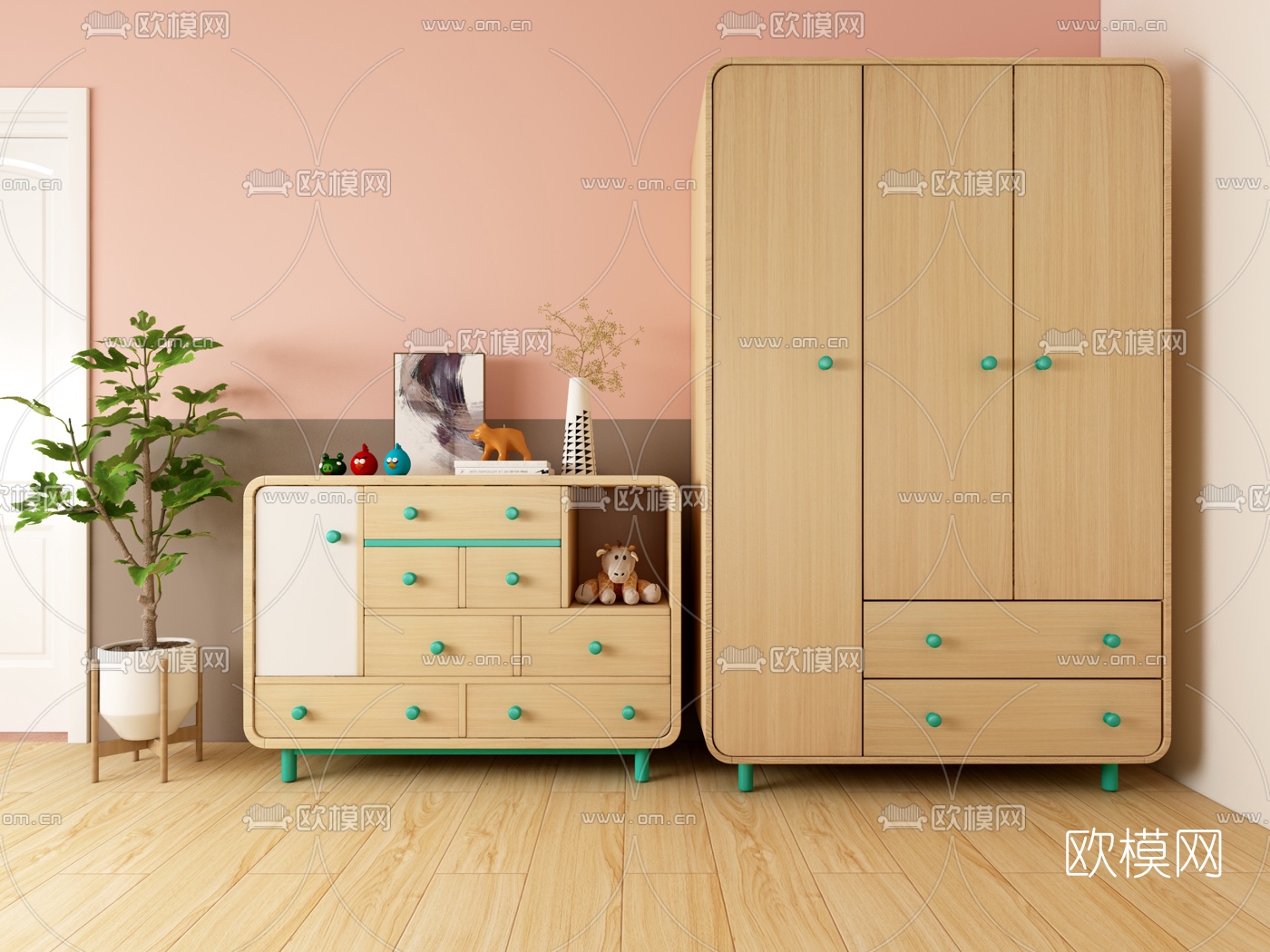 北欧原木儿童衣柜边柜3d模型下载