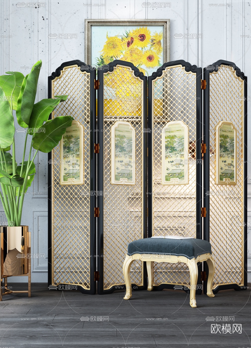 新古典网格屏风3d模型下载