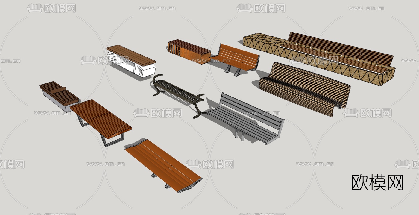 现代户外景观休闲长凳组合su模型下载