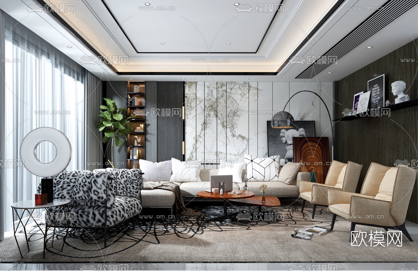 现代轻奢客厅沙发组合3d模型-免费3dmax模型库-欧模网