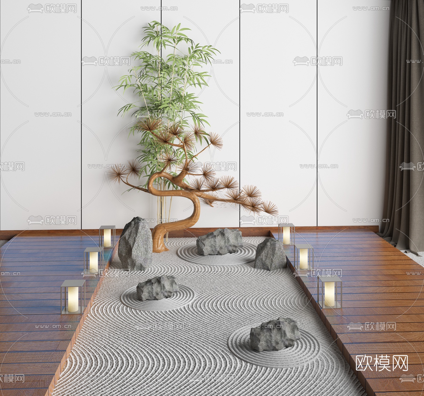 日式枯树岩石园艺小品3d模型下载