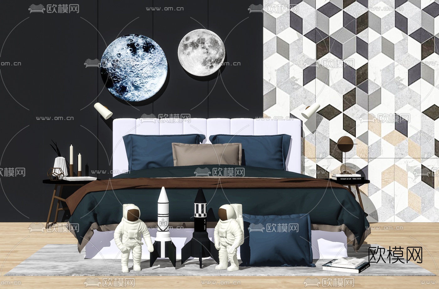 现代布艺双人床su模型下载