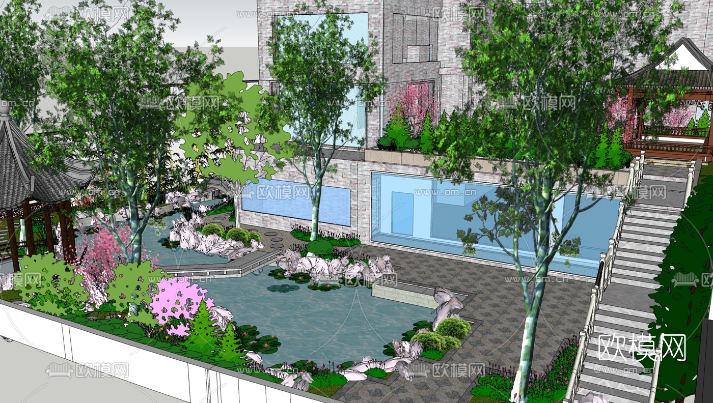 中式别墅庭院景观su模型下载（渲染图3）