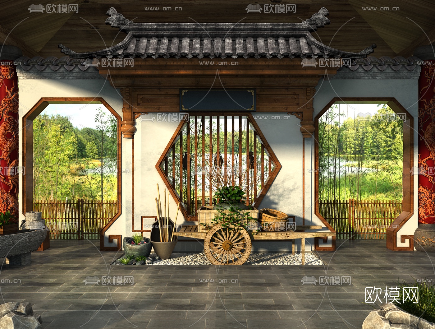 新中式花窗景墙手推车小品3d模型