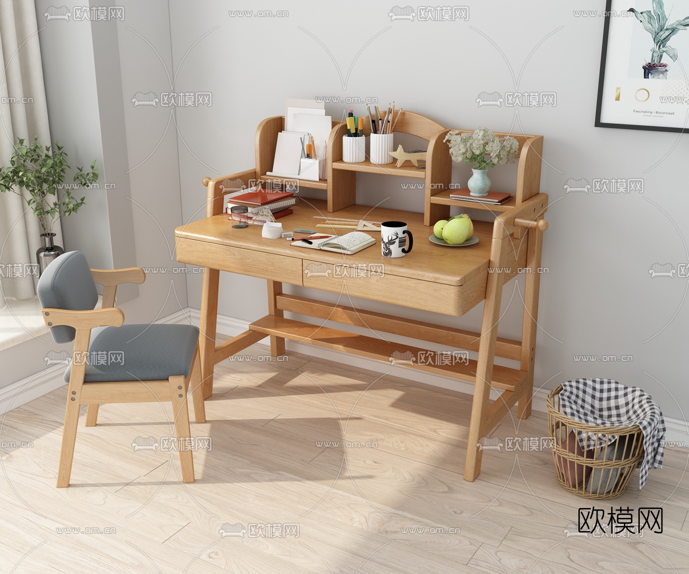 北欧实木书桌3d模型下载