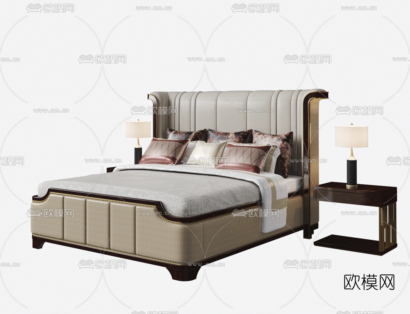 美式布艺双人床3d模型下载
