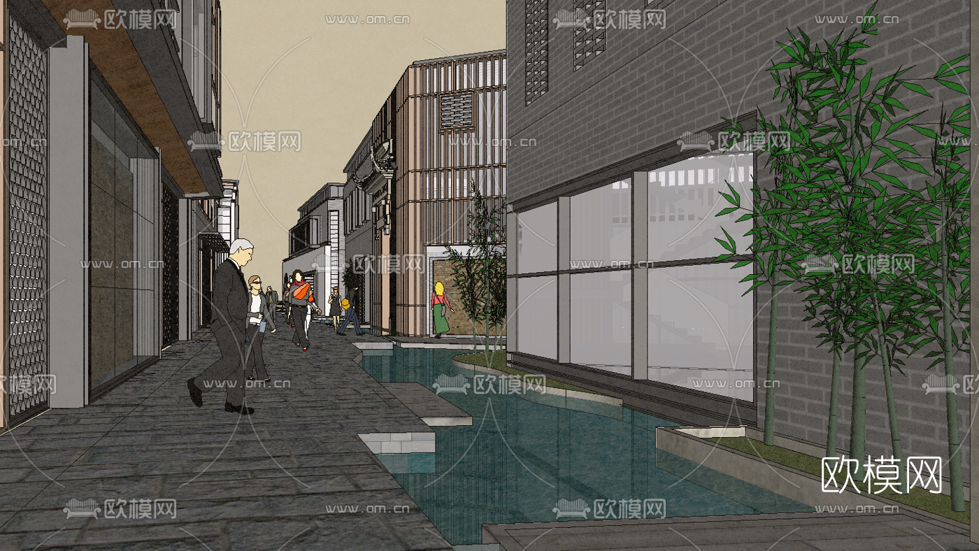 中式古街古镇风景区外观su模型下载（渲染图2）