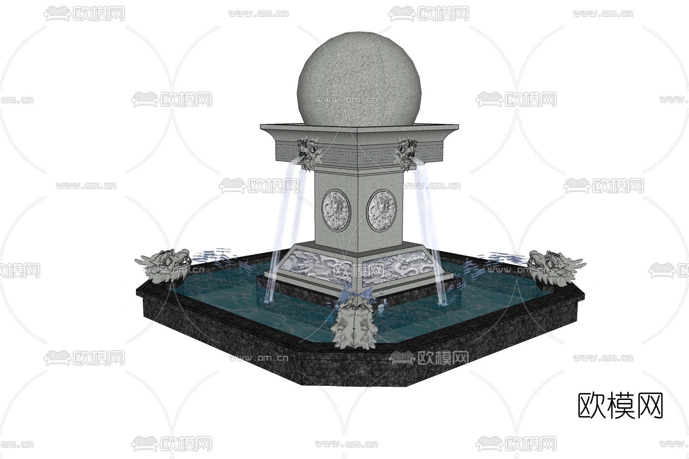 中式喷泉小品免费su模型下载