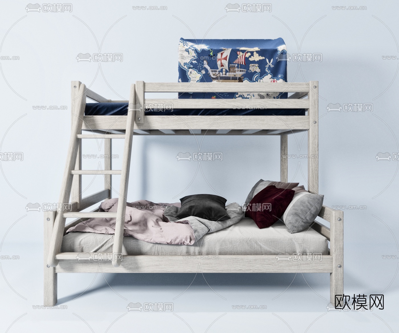 现代实木上下铺儿童床3d模型下载
