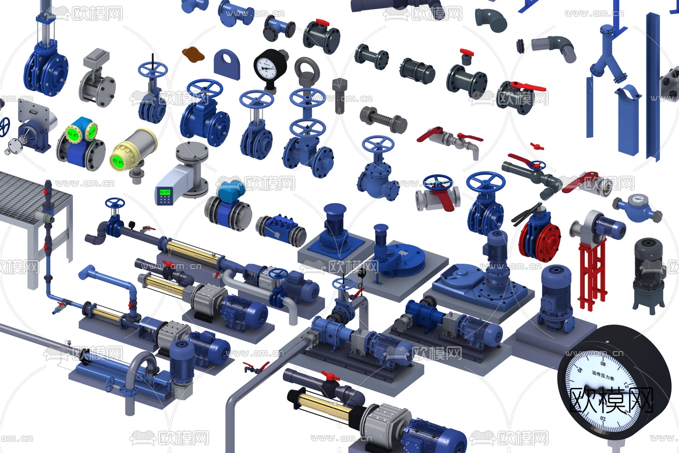现代流量计压力表阀门机械配件3d模型下载（渲染图2）
