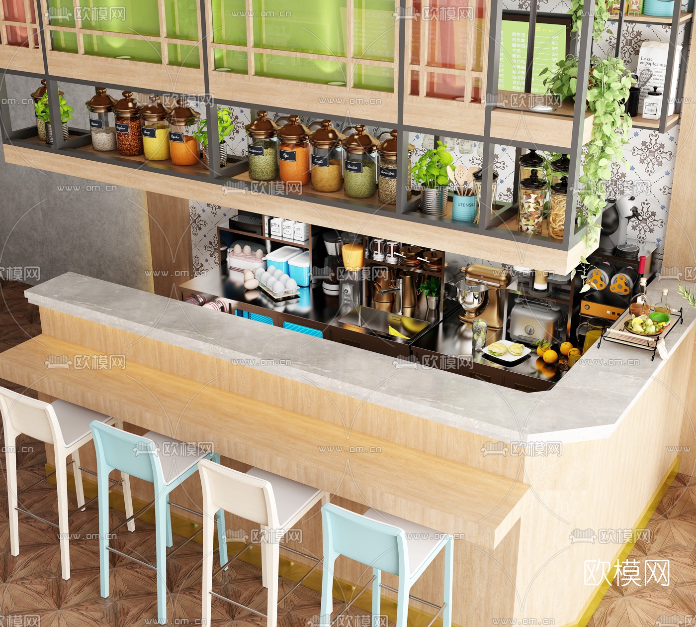 现代奶茶咖啡店工作吧台3d模型下载（渲染图2）