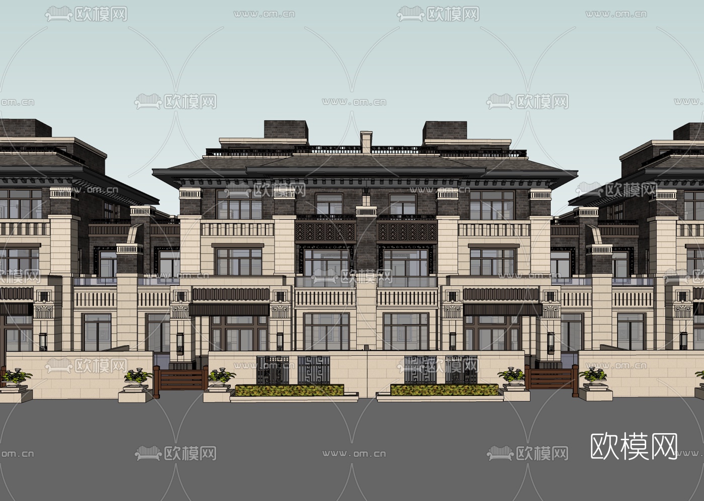 新中式连排别墅免费su模型下载