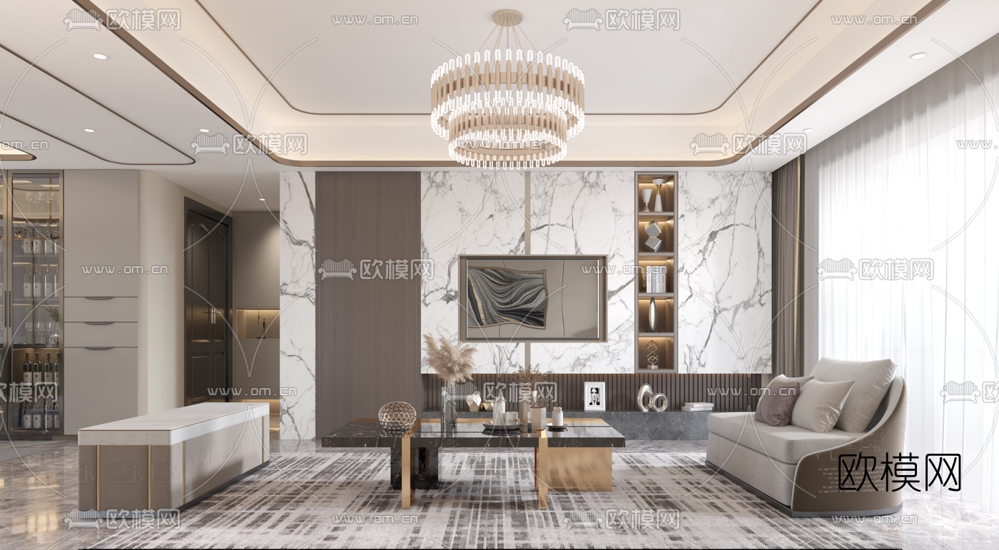 后现代轻奢客厅餐厅3d模型
