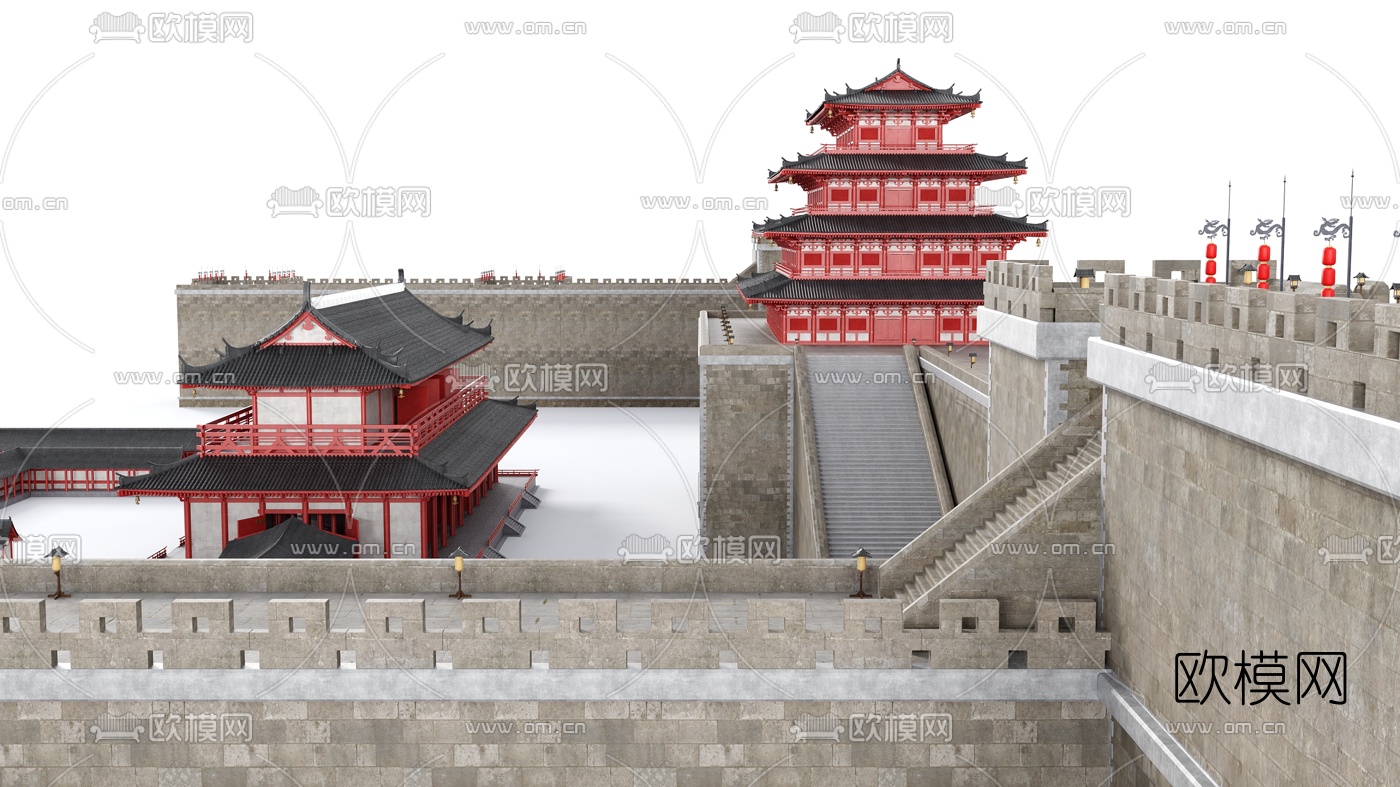 中式楼阁古廊桥3d模型下载（渲染图2）