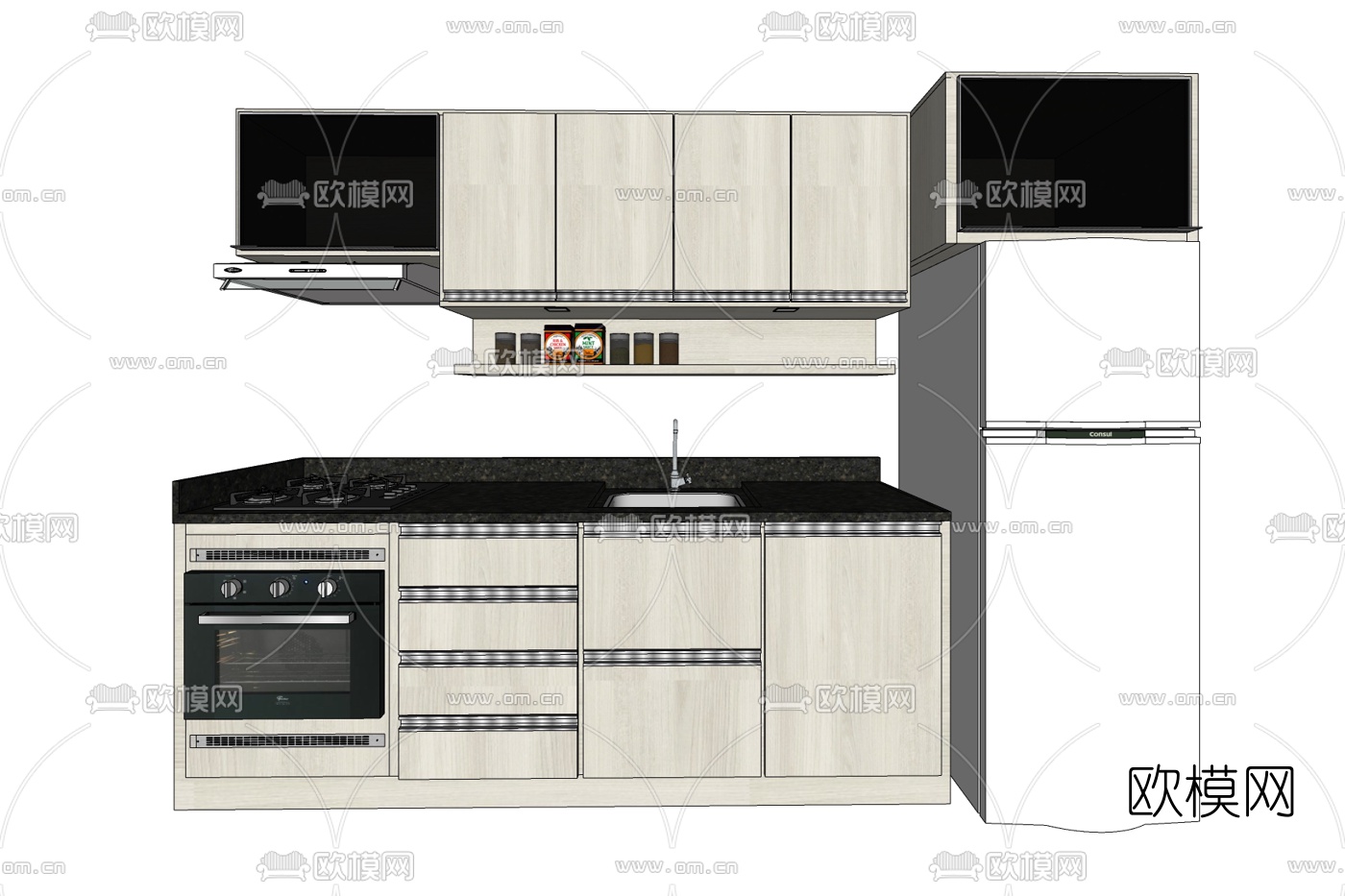 现代实木橱柜免费su模型下载