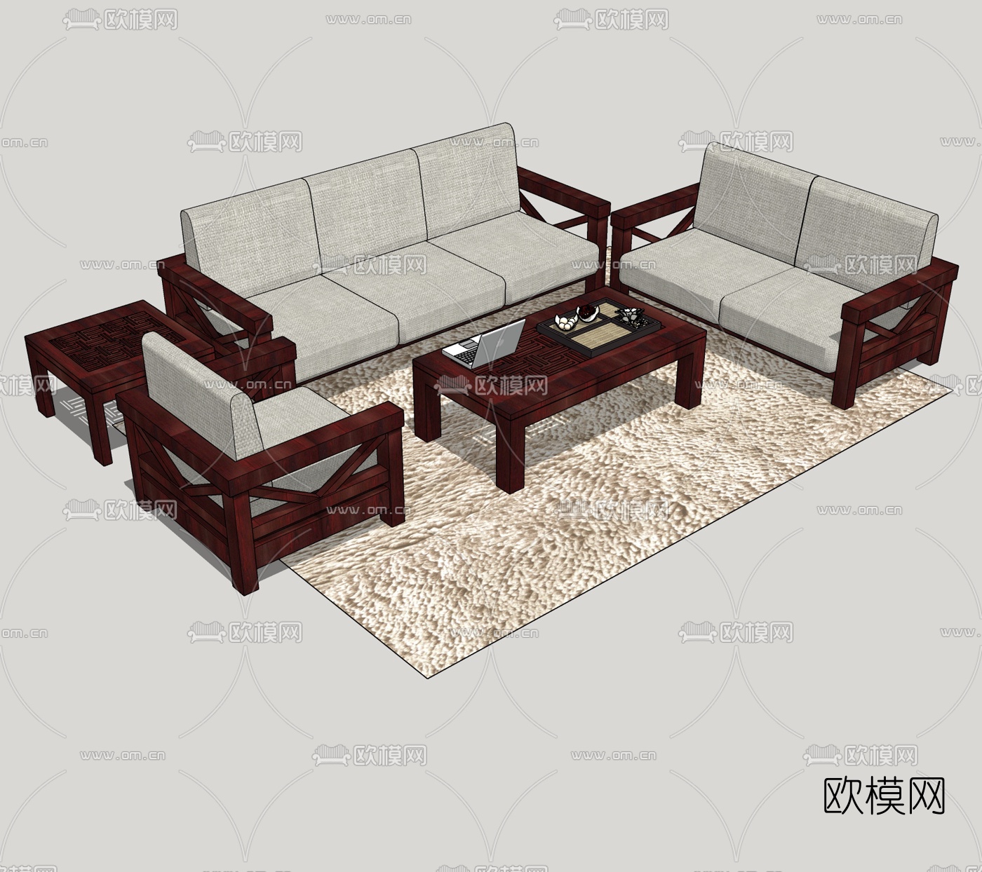 中式实木沙发组合免费su模型下载