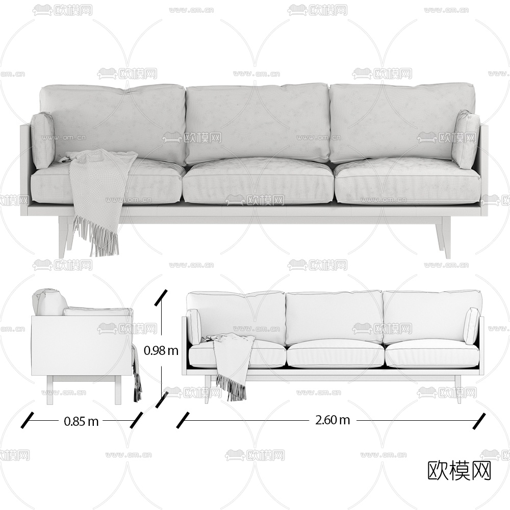 北欧原木多人沙发 三人沙发免费3d模型下载（渲染图3）