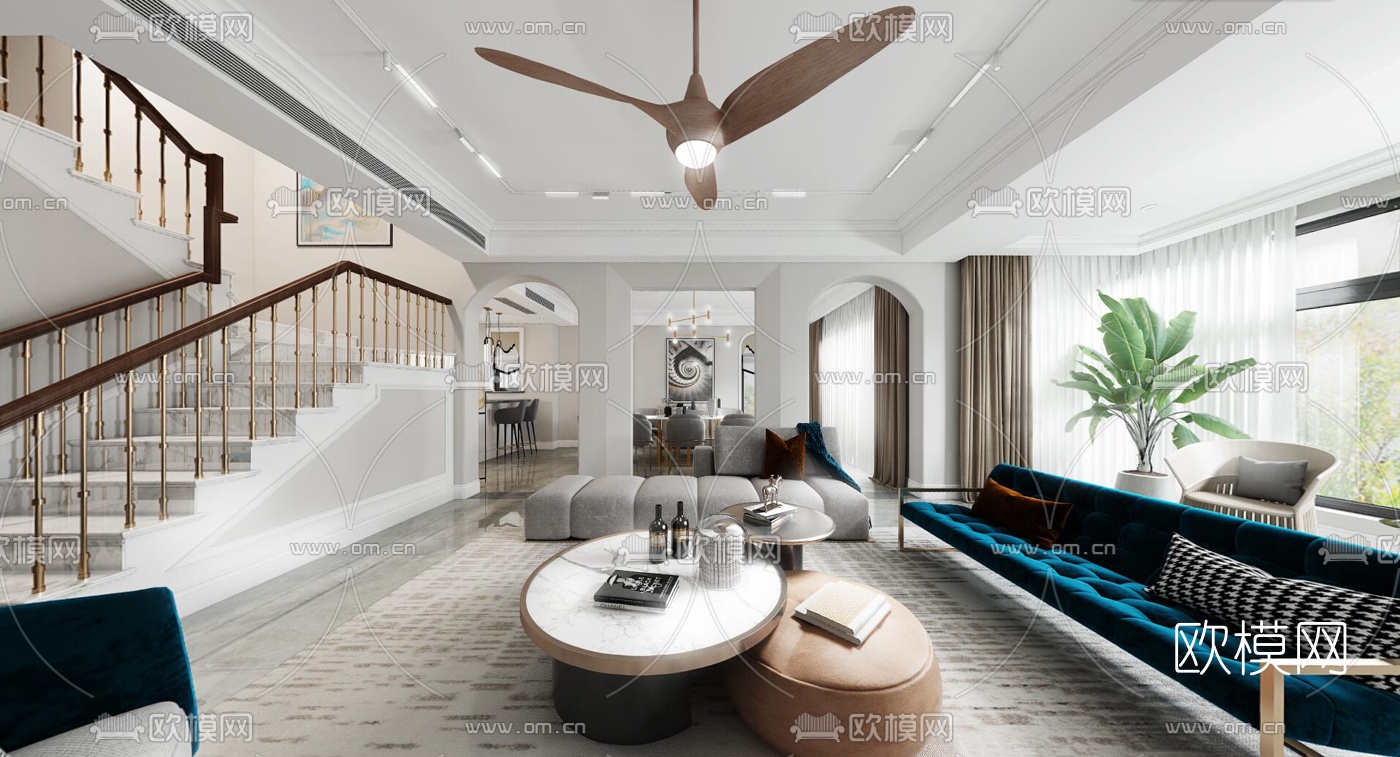 后现代复式轻奢客厅餐厅vr全景3d模型