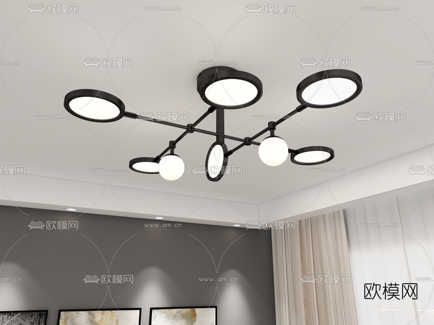 现代金属多头吸顶吊灯免费3d模型下载（渲染图1）