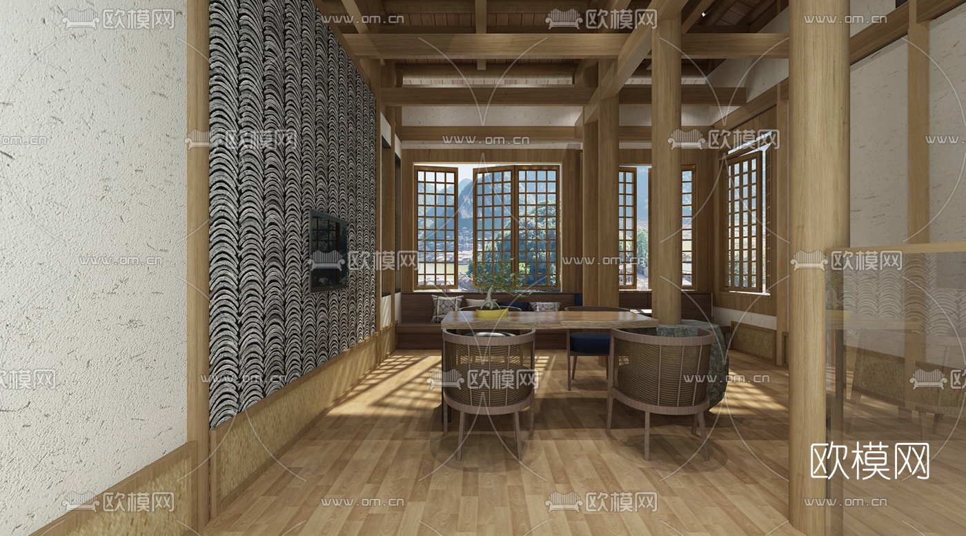 新中式民宿酒店双人房免费3d模型下载（渲染图2）