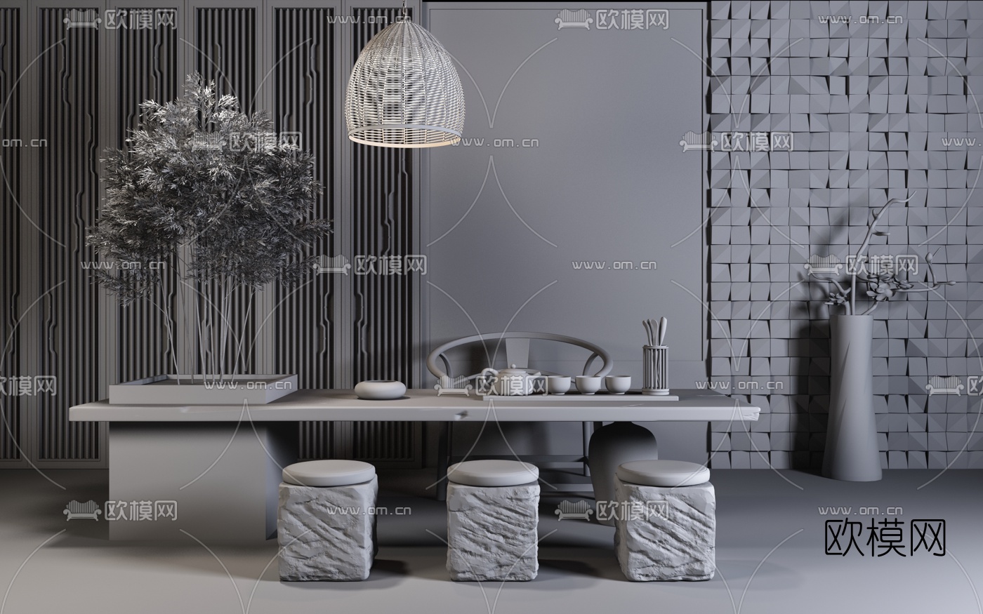 新中式实木茶桌椅3d模型