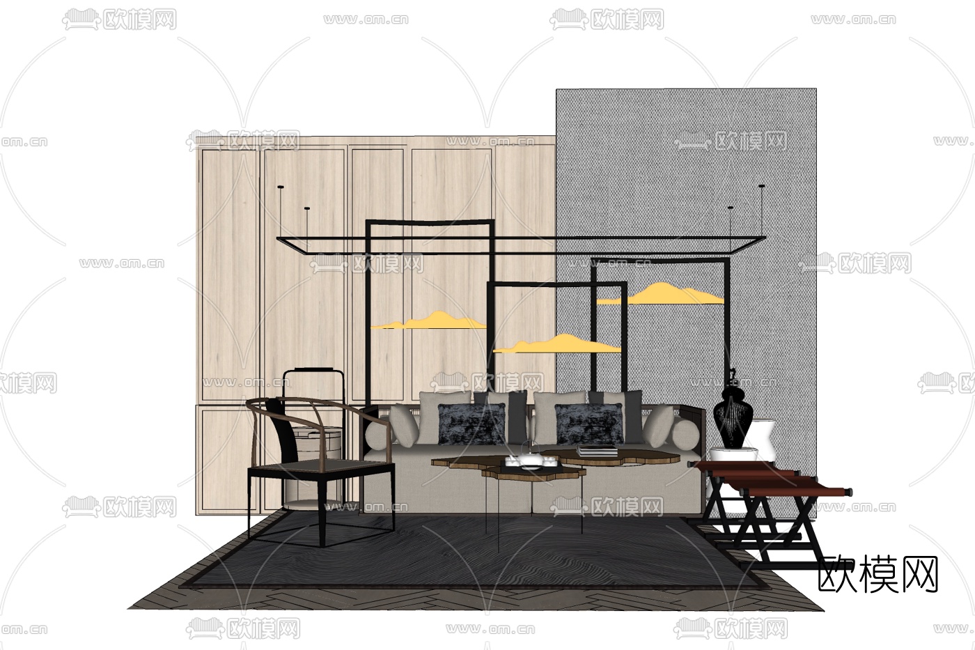 现代布艺组合沙发免费su模型下载
