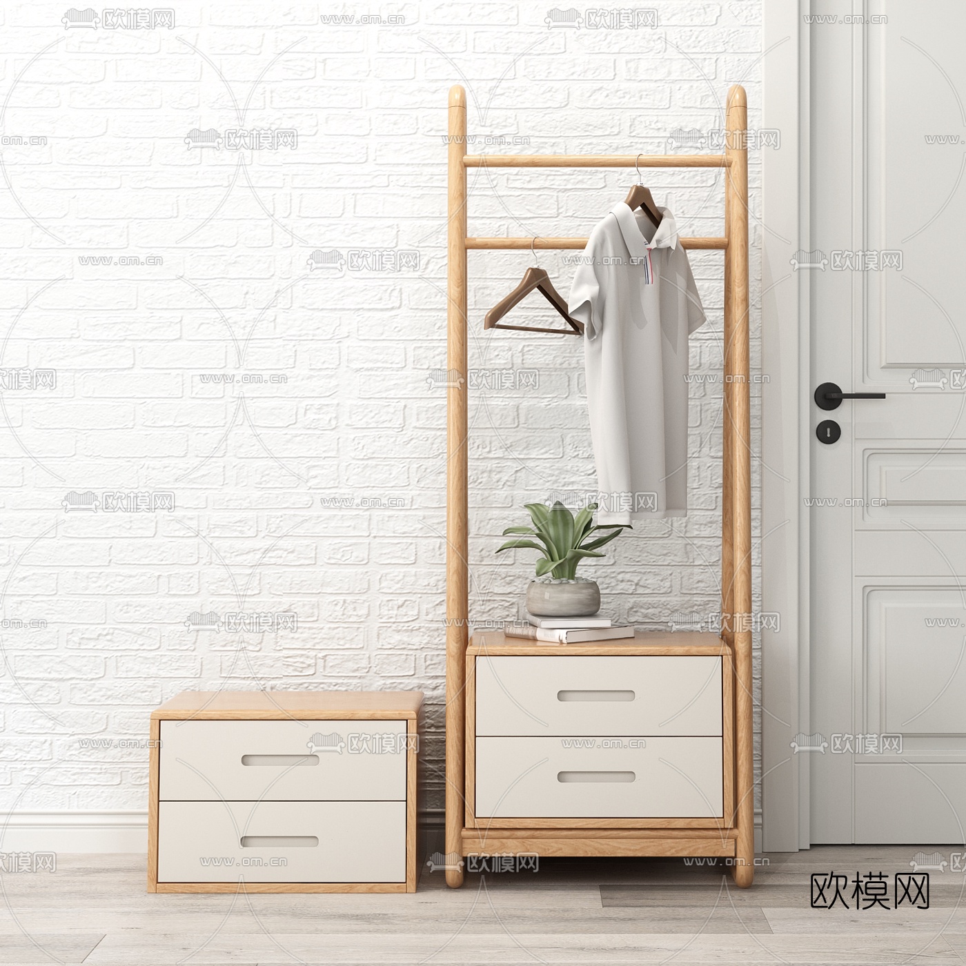 北欧实木衣帽架3d模型下载（渲染图1）