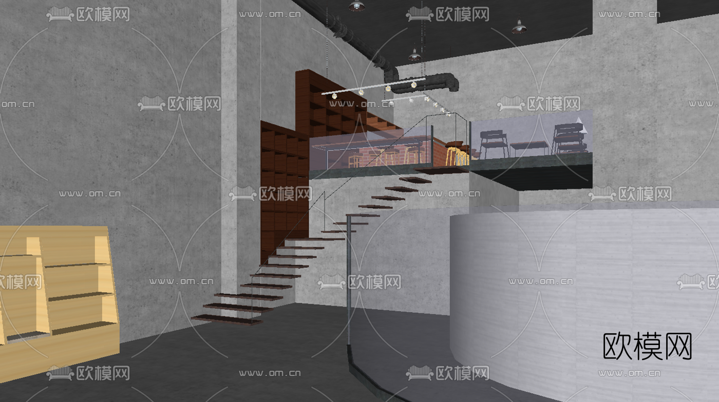 工业风书吧图书馆su模型下载（渲染图2）
