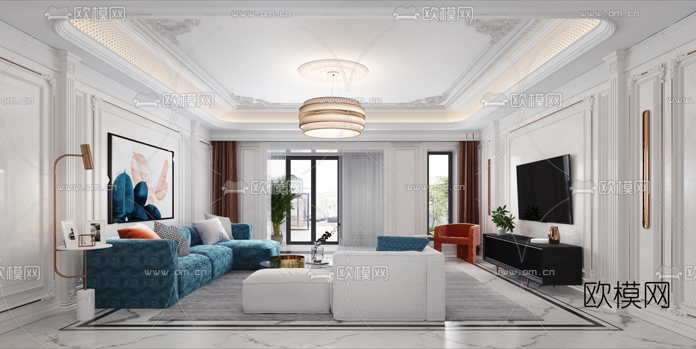 欧式客厅餐厅3d模型下载（渲染图1）