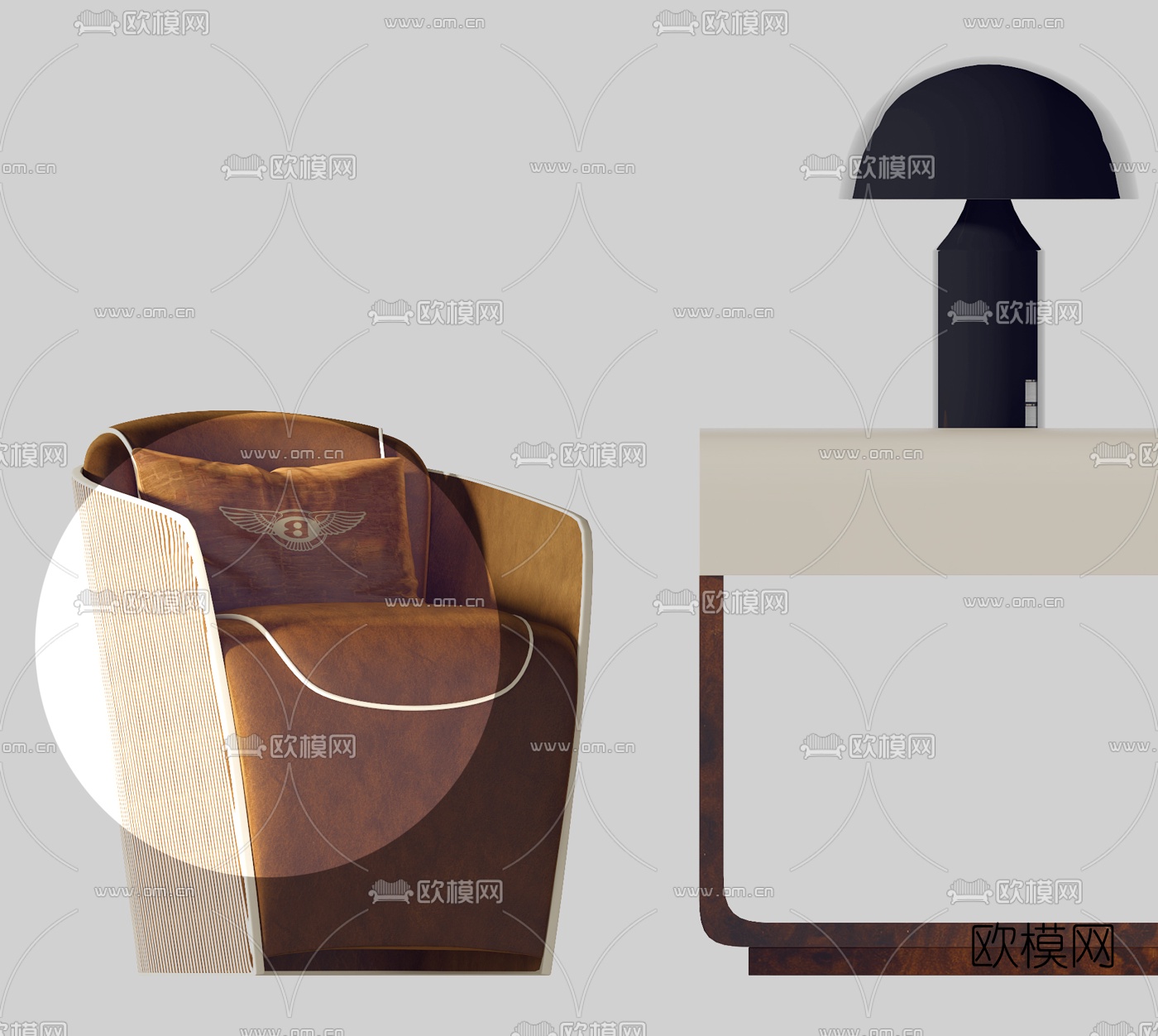 宾利Bentley Home现代绒布单人沙发边柜组合3d模型下载（渲染图3）