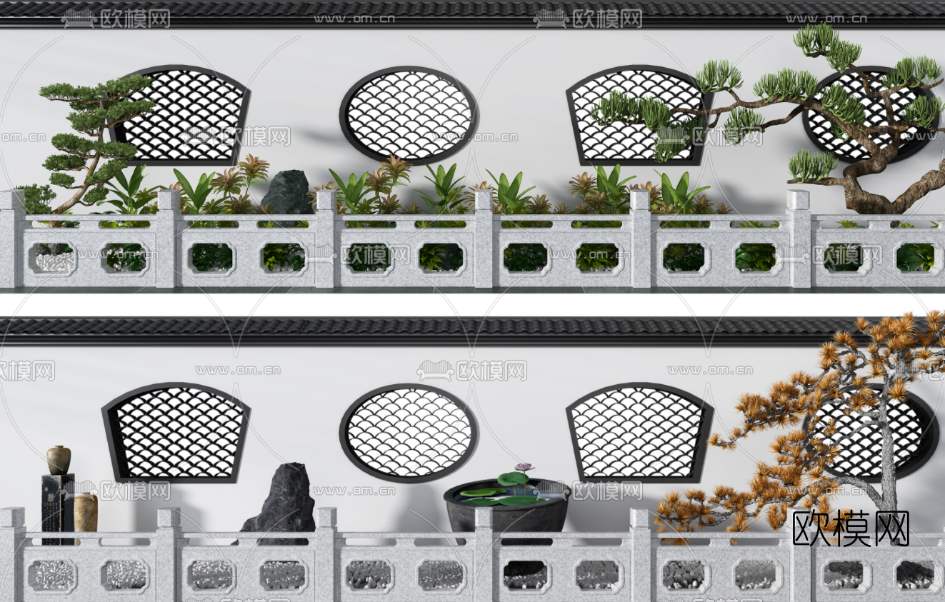 新中式庭院景墙3d模型下载