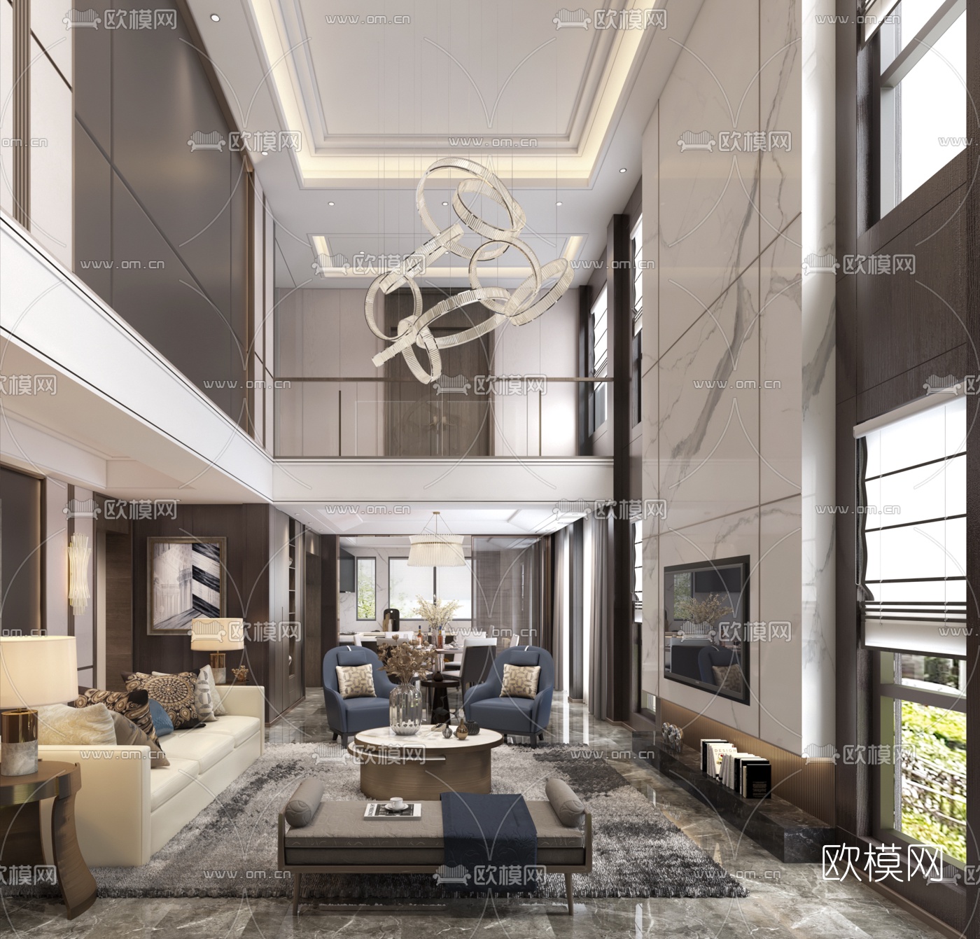 现代别墅大堂餐厅3d模型-免费3dmax模型库-欧模网