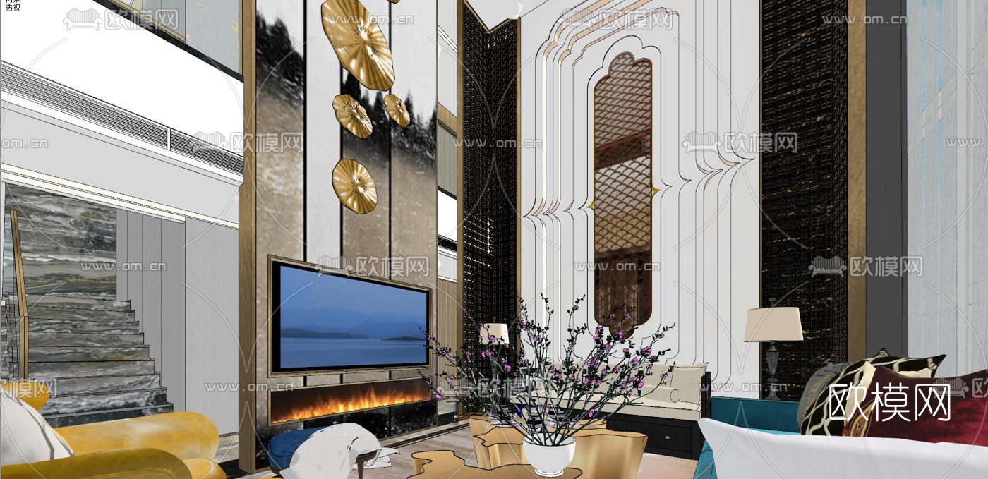 后现代轻奢别墅客厅餐厅su模型下载（渲染图2）